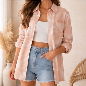 Garnet Hill Peach Fleece French Terry Snap Button Shirt Jacket